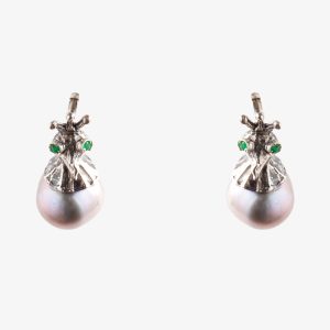 Silver peacock earrings with emeralds and pearls