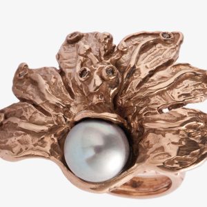 Bronze peacock ring with pearl and round cut diamonds