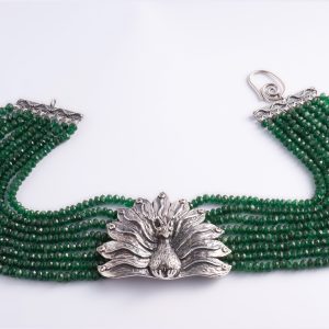 Silver peacock necklace with emeralds and emerald choker