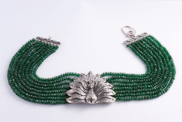 Silver peacock necklace with emeralds and emerald choker