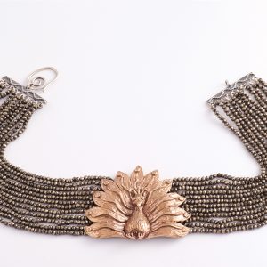 Bronze peacock necklace with round cut diamonds and pyrite choker
