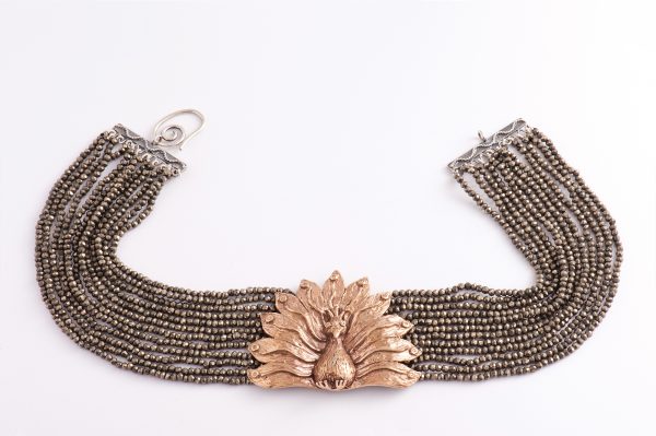 Bronze peacock necklace with round cut diamonds and pyrite choker